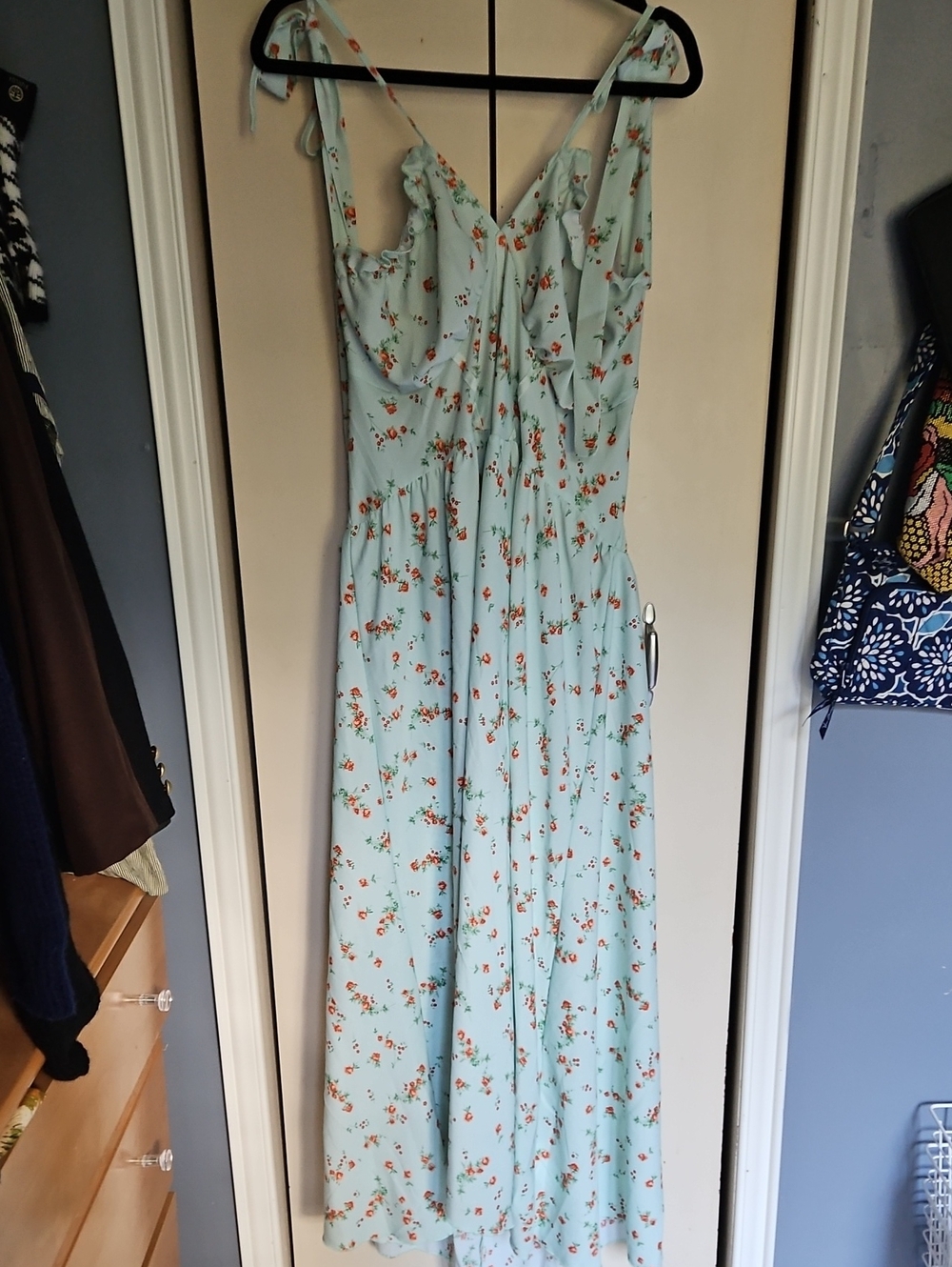 SHEIN NWOT Light Blue Floral Maxi Dress Strappy Cup Ruffle Smock Back Fits Small